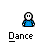 Pixelated blue figure in multiple dance poses with 'Dance' text below each frame on gray background.