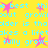 Yellow background with cyan text and pink star shapes repeating in a pattern