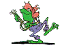 Green cartoon frog with red spiky hair plays banjo in four distinct poses against gray background.