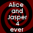 Four identical circular icons with red and black spiral backgrounds display white text reading "Alice and Jasper 4 ever" in a pixelated font.