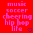 Red background with pink pixelated text reading music, soccer, cheering, hip hop, life and a purple heart symbol.