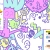Pixelated abstract composition with pastel-colored shapes including pink, purple, green, and light blue on white background.