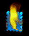 Animated sequence of a blue square icon with an @ symbol, showing flame-like yellow-orange motion across its surface against black background.
