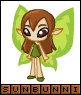 Pixelated cartoon fairy with brown hair, green wings, and green shoes stands against white background with 'SUNBUNNI' text below.