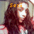 A pixelated image of a person with long brown hair wearing a red and white striped shirt, displayed in three showing text changes above the head