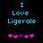 Blue pixelated text "I Love Ligerole" on black background with pink and purple heart symbols below, two variations of heart arrangement.
