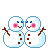 Pixel art of two snowmen with pink cheeks and blue eyes, shown in various poses with heart symbols and particle effects against a gray background.