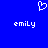 Blue background with white pixelated heart symbol above two instances of the text 'emily' in lowercase letters.