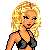 Pixel art buddy icon featuring a blonde woman in a black bikini top on the left and green text 'Original Icons .com' on a dark green background on the right.