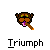 Pixel art icon of a brown dog with green eyes and pink tongue holding an orange cigar, paired with text reading "Triumph" or variations like "You did a great Triumph" on gray background.