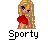 Pixel art buddy icon featuring a blonde female character with blue eyes holding red roses, next to text reading 'Instant Icons .com' and 'Sporty'