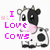 Pixelated cow with black and white spots, pink nose, and small horns stands beside text reading 'I Love Cows' in purple and 'Do you?' in brown.