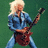 Pixelated image of a person with light hair wearing blue denim jacket and jeans, holding a red electric guitar against green background.