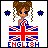 Pixel art animation of a cartoon girl with Union Jack-themed dress and changing star symbols above her head, displayed in a 2x2 contact sheet layout.