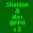Green background with repeated text 'Sheldon & Mei BFF!!! <3' in bright green, arranged in a pattern with blue dots scattered across the background