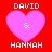 Red background with four identical pink heart shapes arranged in a , each containing white text reading DAVID & HANNAH