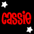 A contact sheet of three animated frames showing the name 'Cassie' in red pixelated text against a black background with white stars, arranged in a 2x2 grid layout with one gray square placeholder.