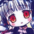 Pixelated anime-style face with large red eyes, white hair, and pink cheeks against a dark blue background.