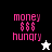 Pixelated text 'money $$$ hungry' in pink on black, white, and gray backgrounds with a star icon changing from white to black.
