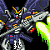 Pixelated robot with blue and silver armor, yellow accents on head, green chest symbol, red eyes, firing a bright green beam from its right arm against black background.