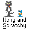 Gray cat and blue mouse cartoon characters with yellow eyes, standing side-by-side on gray background, text "Itchy and Scratchy" below.