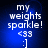 Blue background with white text reading 'my weights sparkle!' and emoticons '<33 :]' in pixelated font.