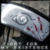 A metallic headband with a spiral symbol and red smears, held against a blurred background with text reading "FIGHT FOR MY EXISTENCE" below.