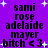 Purple background with white plus signs and black text reading 'sami rose adelaide mayer bitch <3' in pixelated font, repeated twice in a