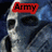 A pixelated skull in blue armor with red text overlays changing across four