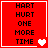 Red square icon with black text "HART HURT ONE MORE TIME" and white heart symbols in four variations.