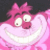 Animated pink Cheshire Cat with wide eyes and a broad grin, showing subtle eye movement across frames.