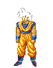 A character in a yellow and blue martial arts uniform with orange pants, shown in multiple poses and transformations including a fiery aura and silhouette.