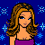 Pixel art icon of a woman with long wavy brown hair wearing a purple top against a blue background with light blue snowflake patterns.