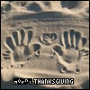 Animated icon shows two hands with fingers spread, a small figure between them, and changing text below reading 'HAPPY THANKSGIVING' with partial text variations.