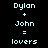 Pixelated text displays 'Dylan + John = lovers' across three with light blue rectangular bars replacing the equals sign and plus sign in the middle