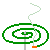 Animated contact sheet showing 8 frames of a green spiral maze with orange base and light green smoke trail, featuring small gray propeller-like objects with blue blades moving along the path.