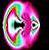 A pixelated circular icon with a rainbow gradient background, featuring two dark oval shapes resembling eyes and a central black void.