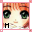 Pixelated anime-style face with green eyes and orange hair, displaying text characters in a