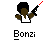 Pixelated 50x50 static buddy icon featuring a character with afro hair holding a guitar, red laser beam effect, and text below.