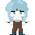 Pixel art character with light blue hair, brown overalls, and dark green boots in multiple poses against gray background.