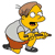 Pixelated yellow-skinned character with brown hair wearing gray shirt and orange pants holding a guitar-like instrument in a walking pose.