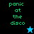 Pixelated text 'panic at the disco' in green on black and blue backgrounds with a blue star icon above and a black star icon below.