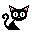 Pixel art black cat with pink inner ears, white eyes, and a curled tail in various expressions on gray background.