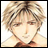 A 48x48 pixel buddy icon featuring a split design with an anime-style character on the left and text elements on the right against a black background.