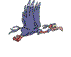 Animated sequence of a blue bird with red feet and beak in flight, wings spread wide then folded across body.