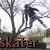 A pixelated animation of a person in dark clothing performing a trick on a skateboard near a tree with bare branches, with the word 'skater' in brown text at the bottom left.
