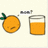 Pixelated orange fruit with green stem next to glass of orange juice, with speech bubble containing unreadable text and orange background with 'DAD?' text.