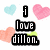 Pixelated graphic with black text reading 'i love dillon.' surrounded by pastel hearts in light blue, pink, and peach on a white background.
