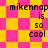 Pixelated text 'mikennap is so cool' repeated on a yellow and pink checkered background with alternating square and diamond patterns.