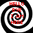 Four identical spiral patterns with red text 'HELLO BYE I AM HERE' arranged in a , each spiral alternating black and white concentric circles